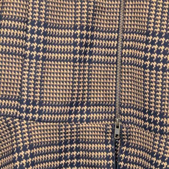 CAbi Tartan Flounce Jacket Tan Navy Ruffle Zipper Longline - Women's sz S /M - Picture 5 of 7